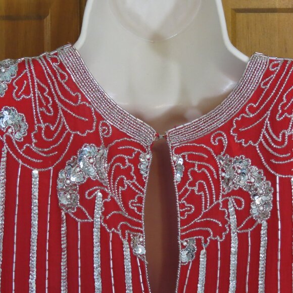VTG Neiman Marcus Red Top Silver Sequins & Beading Silk Size Med Flaw - Picture 7 of 11